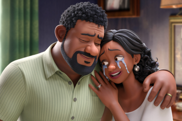 A man hugging his crying wife.