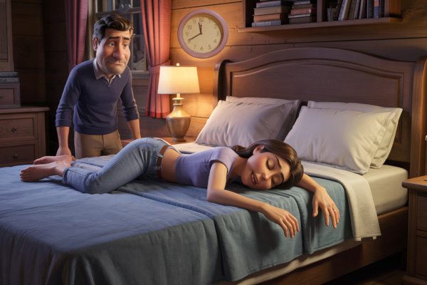A husband looking at his wife who has fallen asleep on top of the bed sheets still fully dressed.