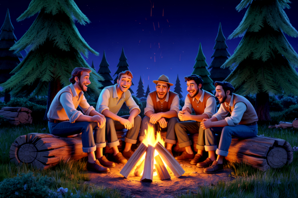 A group of men around a camp fire laughing.