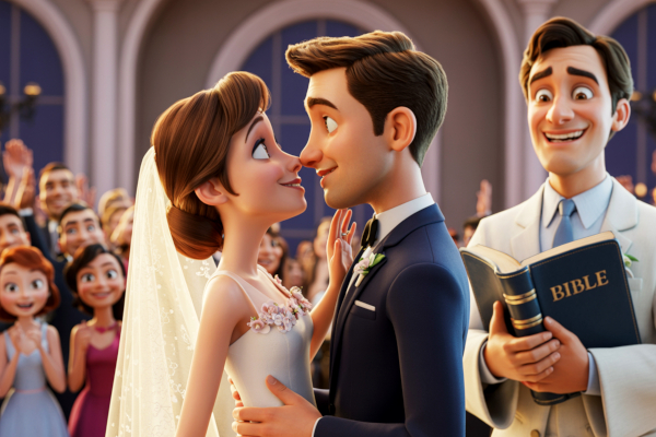 A bride and groom looking into each other's eyes just before they kiss.