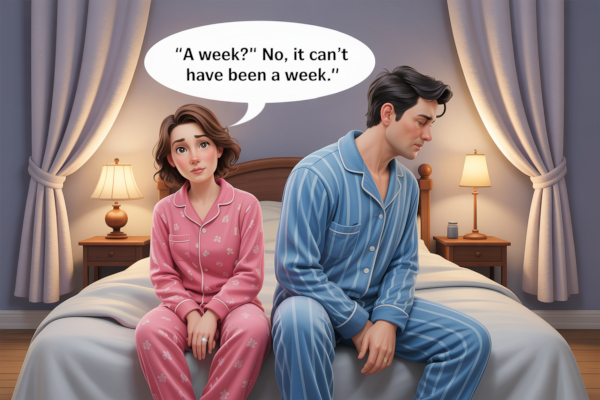 Husband and wife sitting on the end of the bed in pajamas. She is saying, “A week? No, it can't have been a week.”