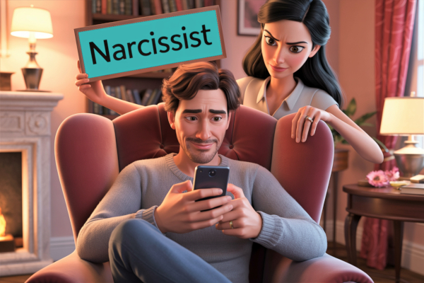 A woman standing behind her husband with a sign that reads "Narcissist".