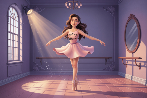 A teenage ballerina with the words "Not my dream" on her leotard.