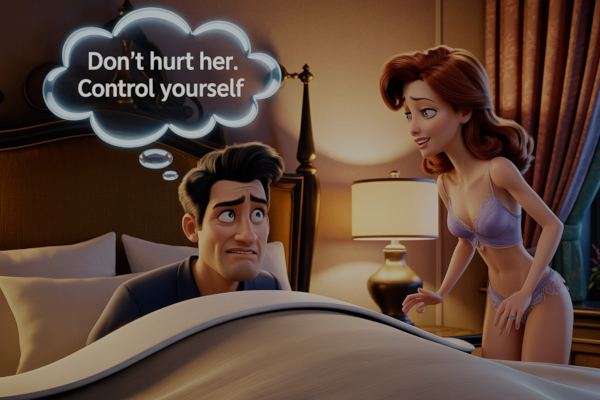 As a man's wife gets into bed he is tellinng himself "Don't hurt her. Control yourself".