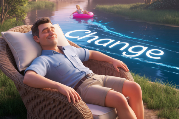 A man sleeps by a river as his wife floats downstream on a river named change.