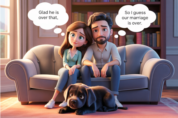 A couple on the couch. She is thinking "I'm glad he's over that" while he is thinking "So, I guess our marriage is over."