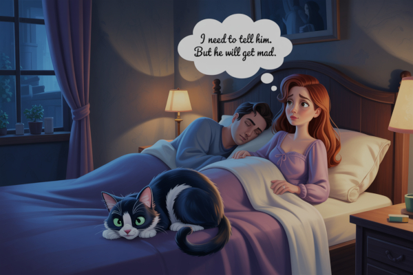 A couple in bed. The husband is asleep. The woman is thinking “I need to tell him. But he will get mad.”