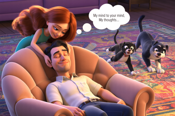 As a man naps, his wife puts her hands on his head and thinks "My mind to your mind, my thoughts...".