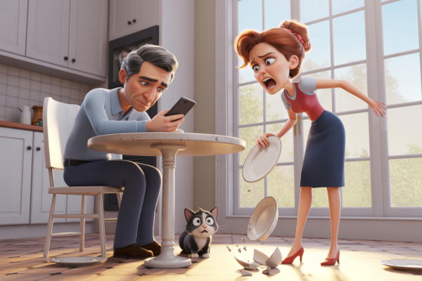 A man looks at his phone as his wife throws plates at the floor.