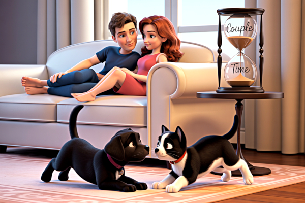 A couple snuggls on the couch. On a nearby side tabl, is an hourglass with the words “Couple time” on it.