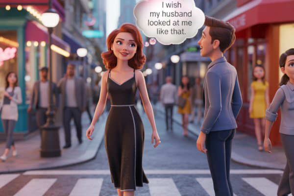 A man ogles a woman in a sexy dress as she thinks "I wish my husband looked at me that way."