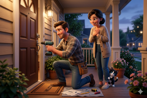 As a husband installs a deadbolt on the front door, his wife looks on her hands over her chest, showing she feels protected.