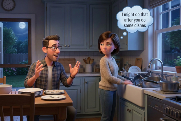 A wife stands at a sink full of dirty dishes as her husband asks her something. She thinks "I might do that after you do some dishes".
