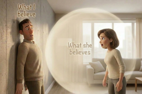 A husband has his back against a wall labelled "What I believe". His wife is talking, and a force labelled "What she believes" is pushing the man back.