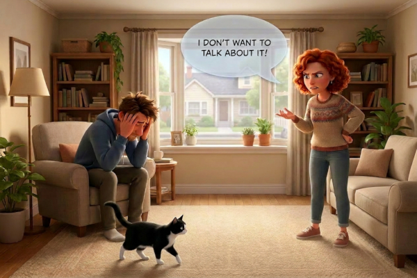 A couple in their living room. The man looks dejected. The angry wife says, "I DON'T WANT TO TALK ABOUT IT!"