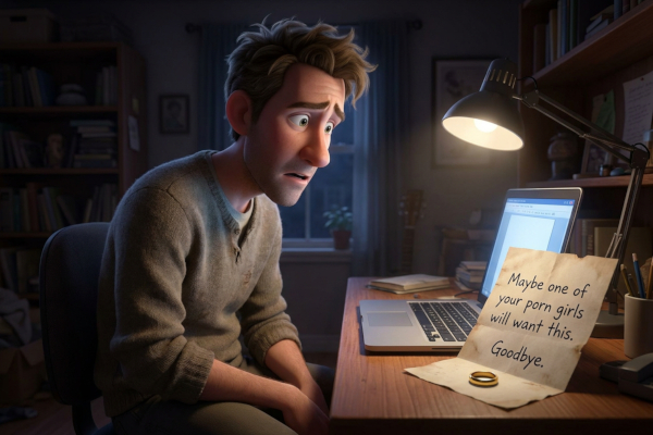 A shocked man looks at a note on the keyboard of his laptop that reads, "Maybe one of your porn girls will want this. Goodbye." A wedding ring lies on the bottom of the note. 