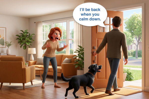 As a wife scream, her husband walks out the front door saying "I'll be back when you calm down." The dog follows the man out.