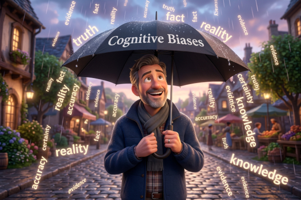 A man with an umbrella labelled "Cognitive Biases" smiles as he walks unaffected by falling words such as "truth", "reality", and "facts".