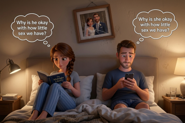 A couple are in bed, her reading a book, him on his phone. Each is silently wondering why the other is okay with the amount of sex they are having. A picture of them at their wedding hangs over the bed, at an angle, with broken glass.