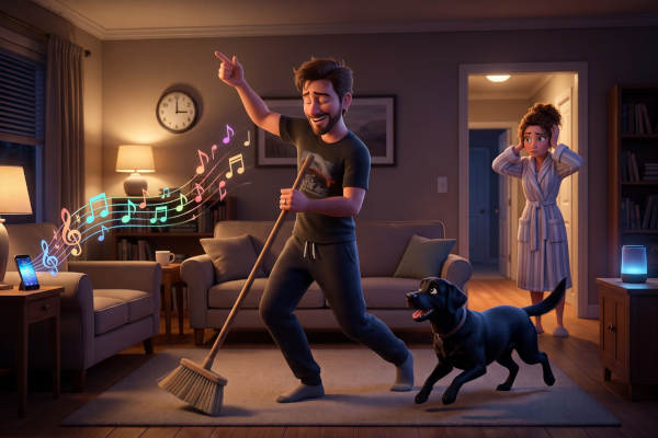 A man is listening to loud music and dancing with a broom in his living room as his dog chases him around. From a doorway the man's wife, in a bathrobe, is scowling at him with her hands over her ears. A clock on the wall shows 3 AM.