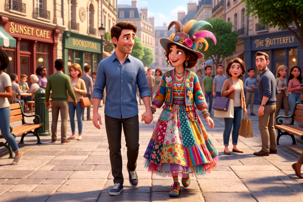 A couple walk hand in hand down a busy sidewal. The husband is unremarkable, but the wife is dressed in an eccentric way. The man is looking at his wife with a proud smile. Other people are giving her odd looks.
