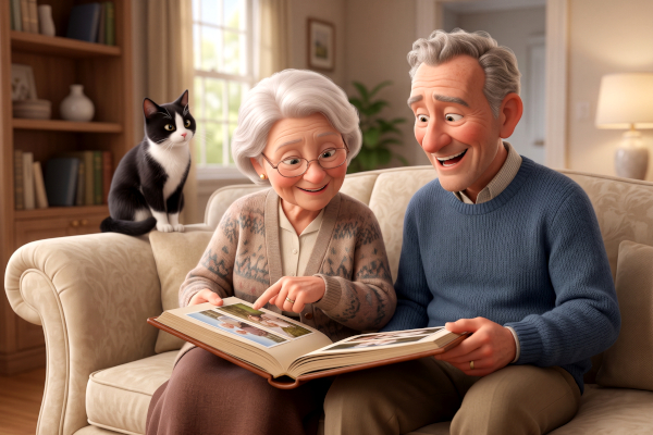 A retired couple sitting side by side on the couch looking at a photo album. The wife is pointing to a picture, and the husband is laughing. A tuxedo cat sits on the arm of the couch looking on.