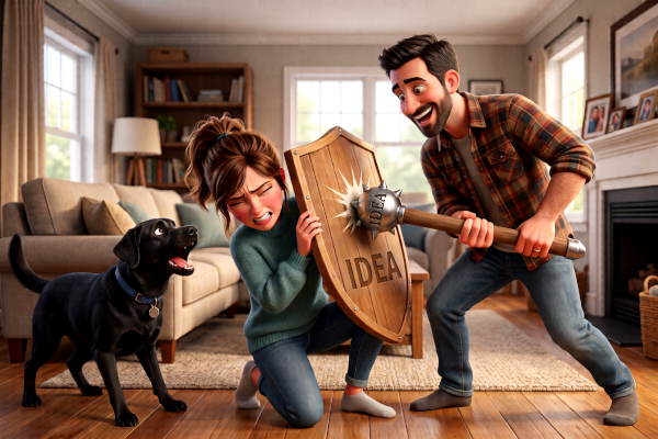 A wife has a shield with the word "IDEA" on it. She cringes behind the shield as her smiling husband smashes it with a mace that has the word "IDEA" on it. A dog behind the woman is barking at the man.