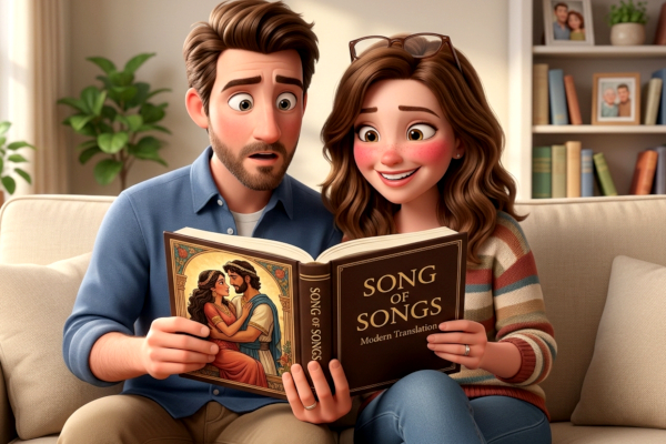 A couple sit together on a couch looking at a book. entitled "Song of Songs Modern Translation". he man has a shocked look on his face. The woman is blushing but smiling.