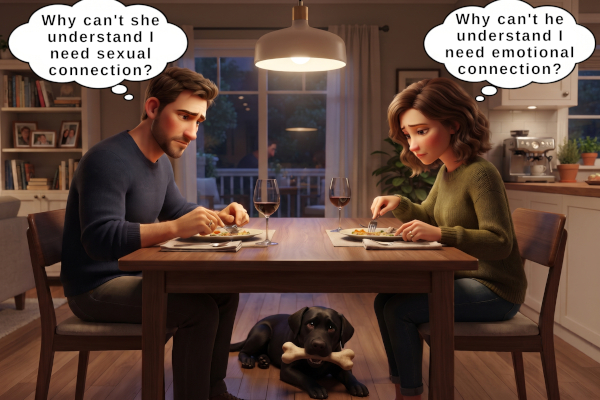 An unhappy couple is eating dinner silently at home. He is thinking "Why can't she understand I need sex connection?" while she is thinking "Why can't he understand I need emotional connection?" A black Labrador is under the table, chewing on a bone.
