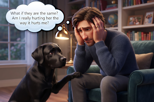 A man sits in a chair, holding his head in his hands, a look of anguish on his face. He thinks "What if they are the same? Am I really hurting her the way it hurts me?" A black Lab, concerned for him, stands by him with one paw up on his leg. 