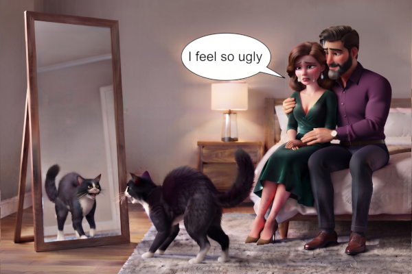 A husband and wife sit on the end of their bed dressed for a date night. The wife is pretty and dressed nicely. Her husband is hugging her lovingly as she cries and says, "I feel so ugly." Nearby a tuxedo cat arches and hisses at its reflection in a full-length mirror. 
