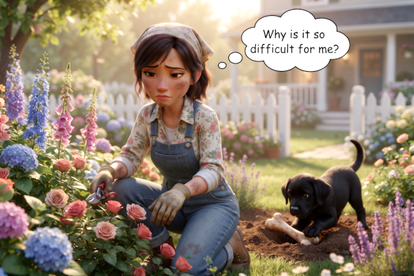 A woman is working in her flower garden and thinking, "Why is it so difficult for me?" Nearby a puppy buries a bone.