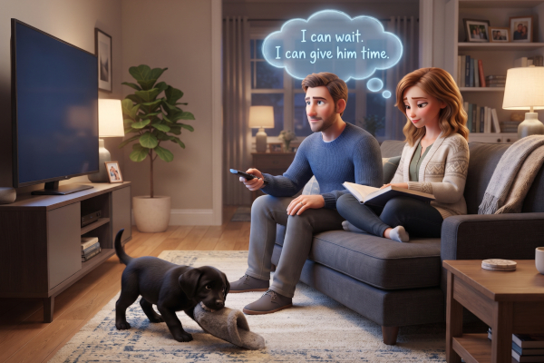 A couple sit together in the living room. The husband is watching TV. The wife has a book open, but is not reading. She is thinking "I can wait. I can give him time." Nearby a puppy is chewing a slipper.