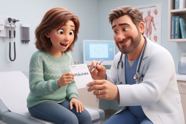 A woman at the doctor's office looks surprised as the doctor gives her a prescription that says "Milkshake".