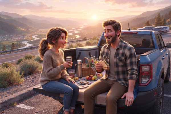 A couple is having a tailgate picnic at sunset. They are parked at a rest stop, with a beautiful view in the background.